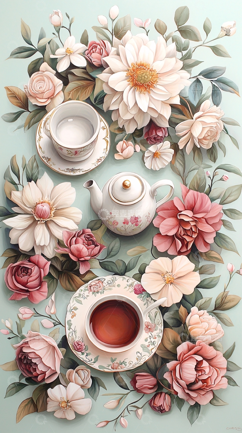 高清大图下载【趣麦麦图】茶具与花卉艺术插画