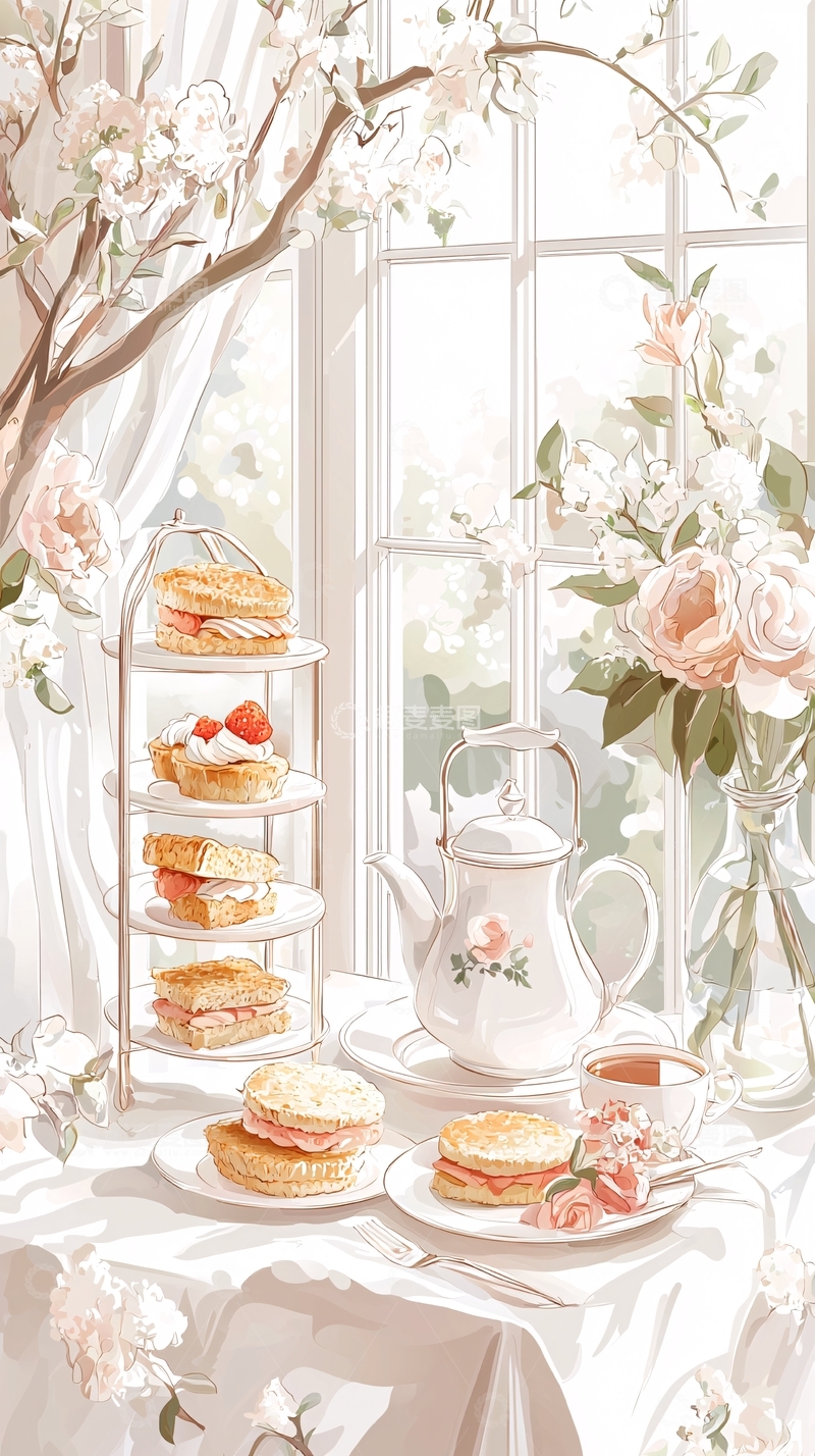 高清大图下载【趣麦麦图】午后茶点与花香
