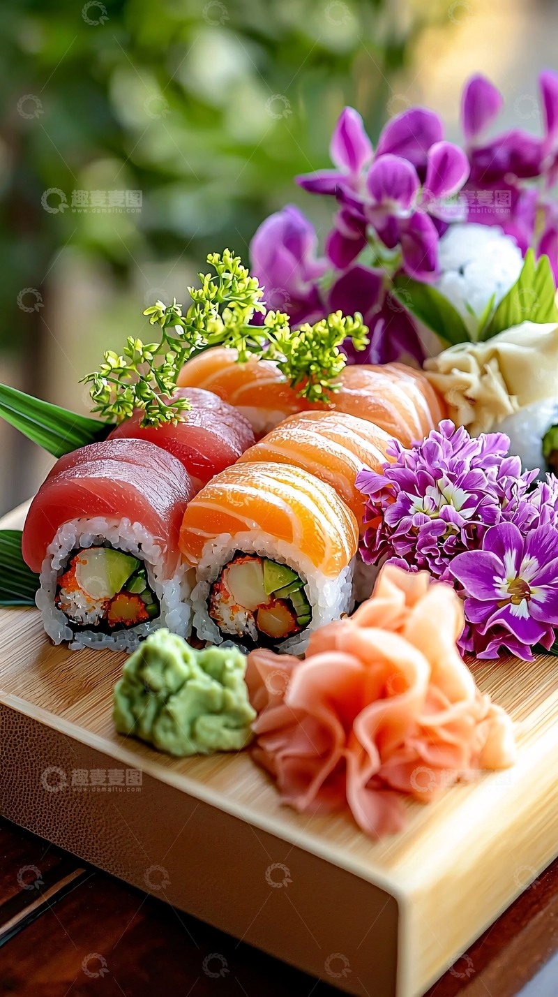 高清大图下载【趣麦麦图】寿司拼盘与花卉装饰