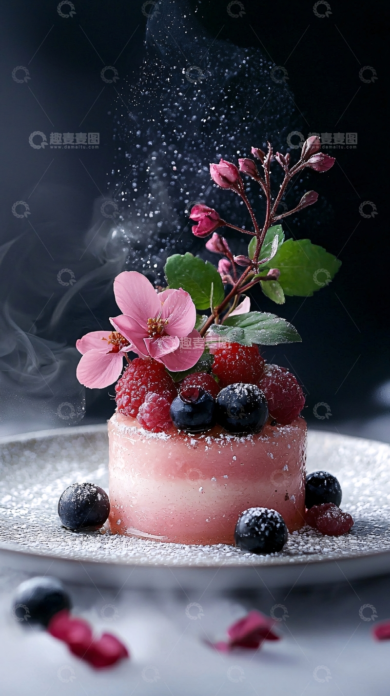 高清大图下载【趣麦麦图】粉色蛋糕搭配浆果和花朵