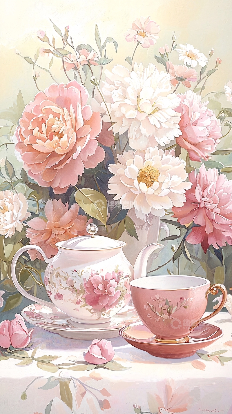 高清大图下载【趣麦麦图】粉色花卉与茶具的艺术插画