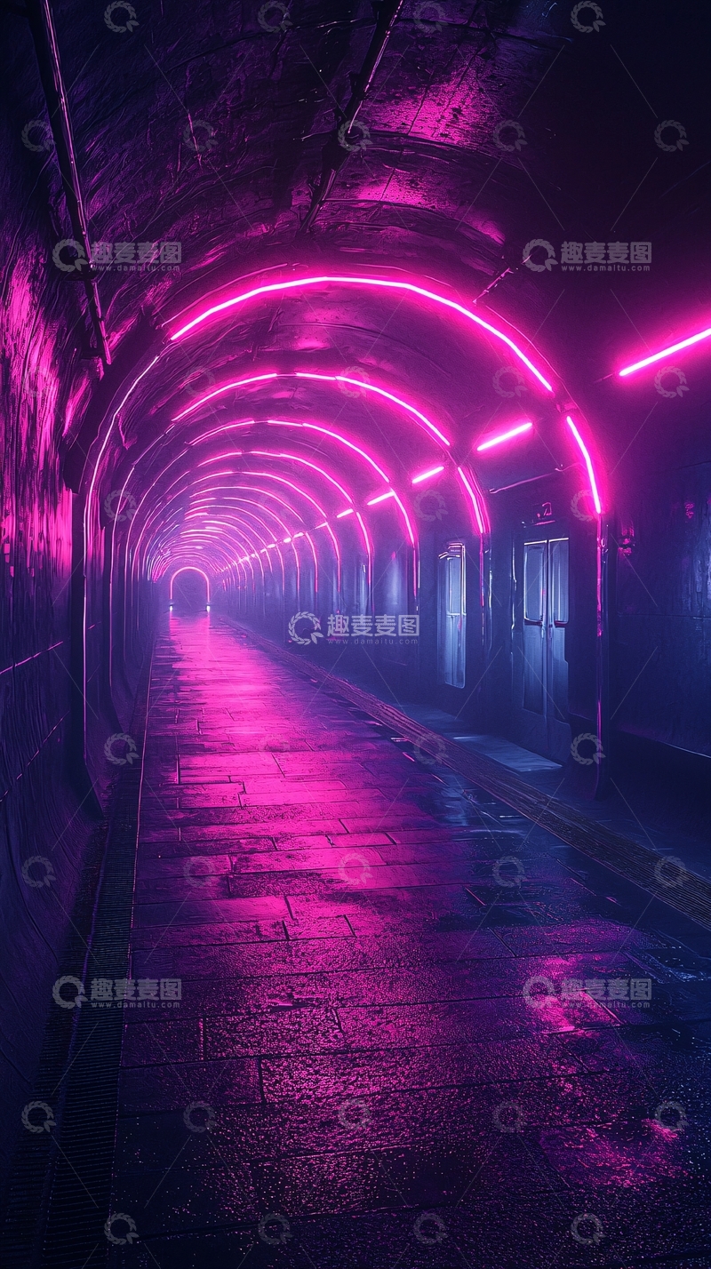 高清大图下载【趣麦麦图】霓虹灯下的地下通道