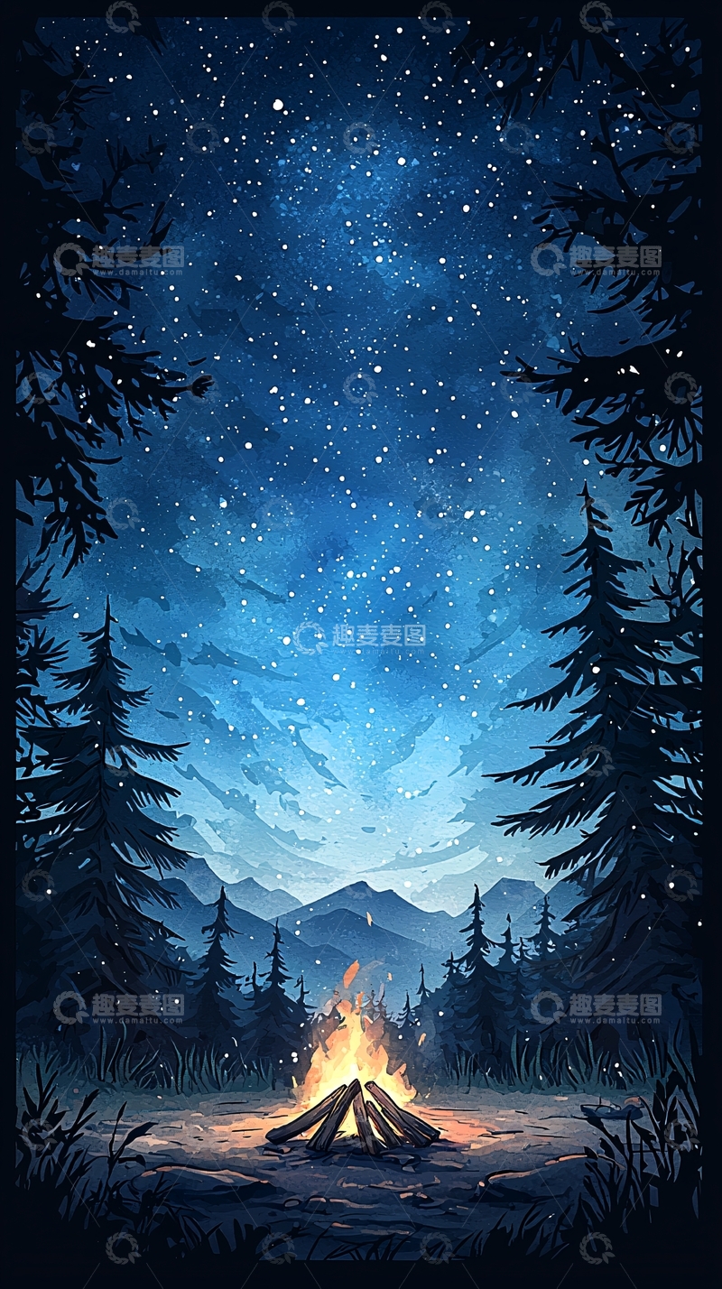 高清大图下载【趣麦麦图】夜晚森林篝火星空
