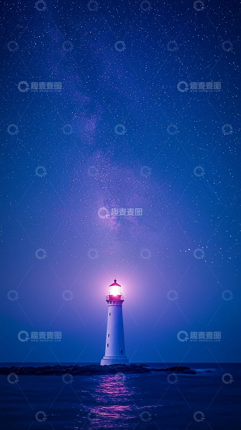 高清大图下载【趣麦麦图】夜空下的灯塔与银河