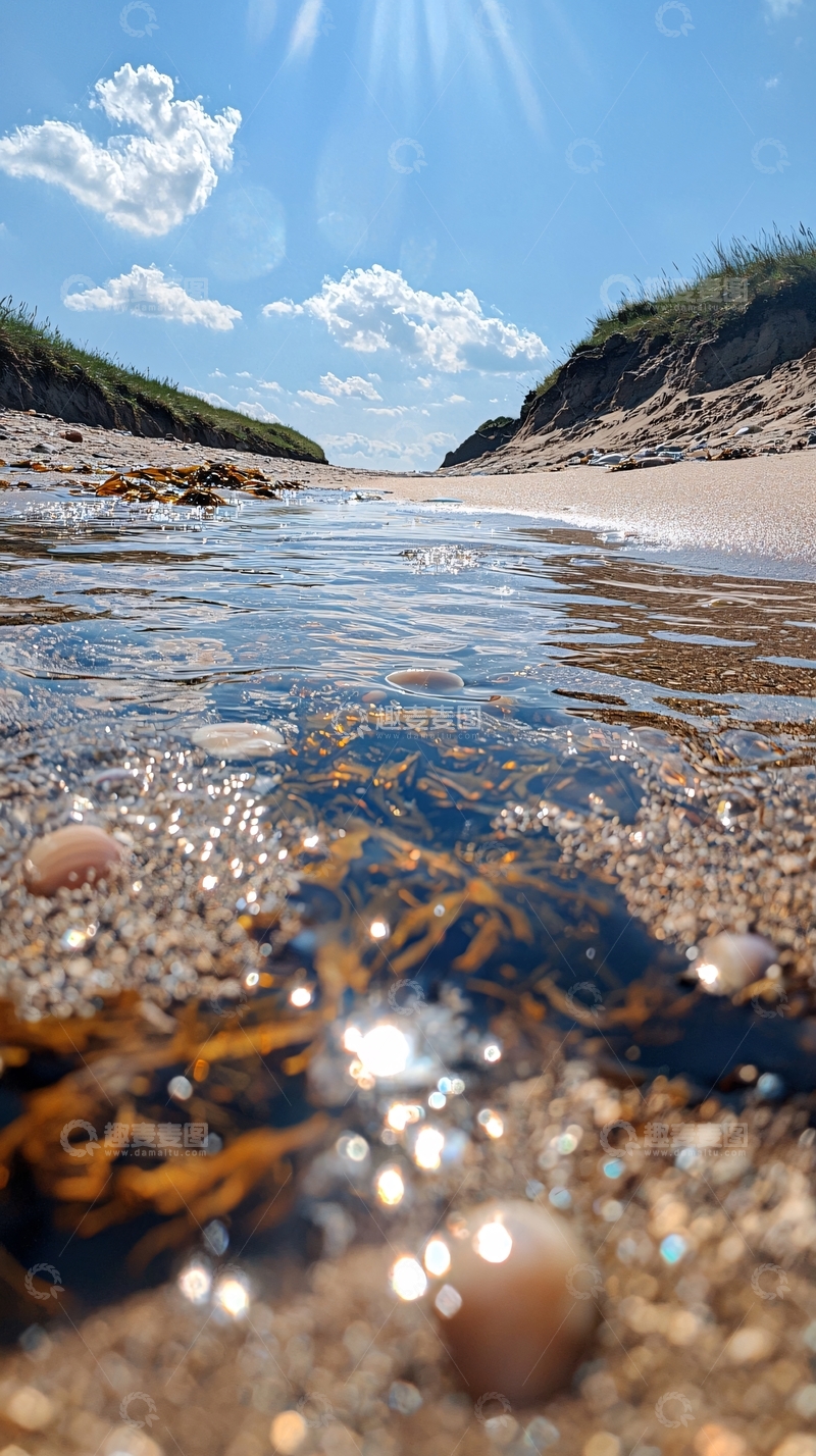 高清大图下载【趣麦麦图】阳光海滩上的海藻与贝壳