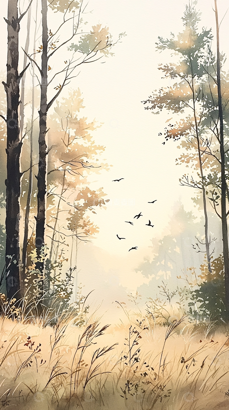高清大图下载【趣麦麦图】晨雾中的森林与飞鸟