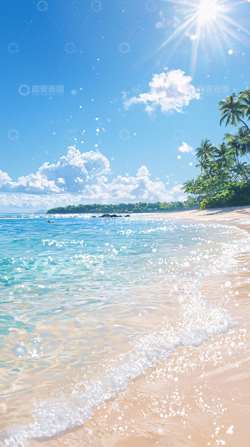 高清大图下载【趣麦麦图】夏日海滩风景插画