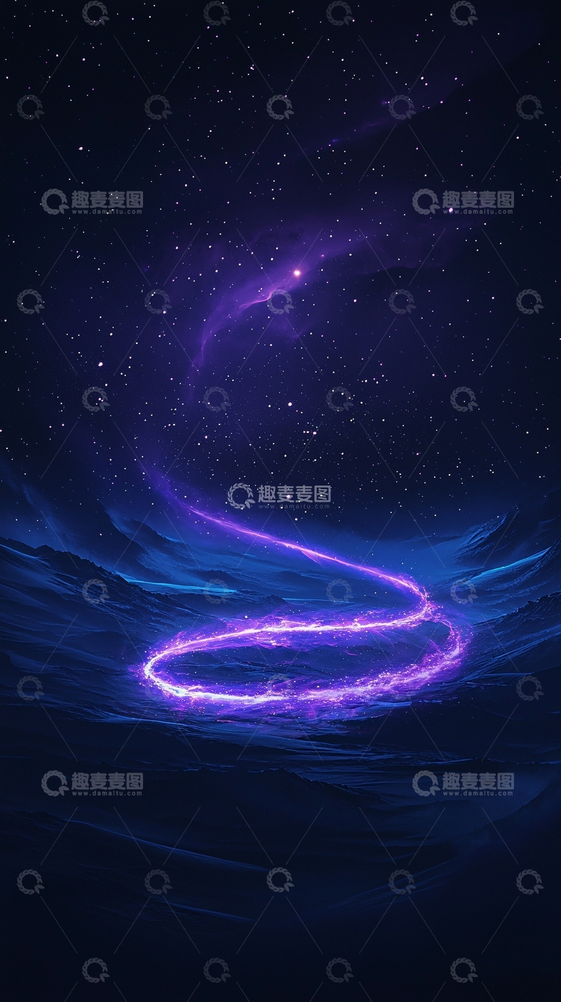 高清大图下载【趣麦麦图】紫色星河与山脉的奇幻夜景