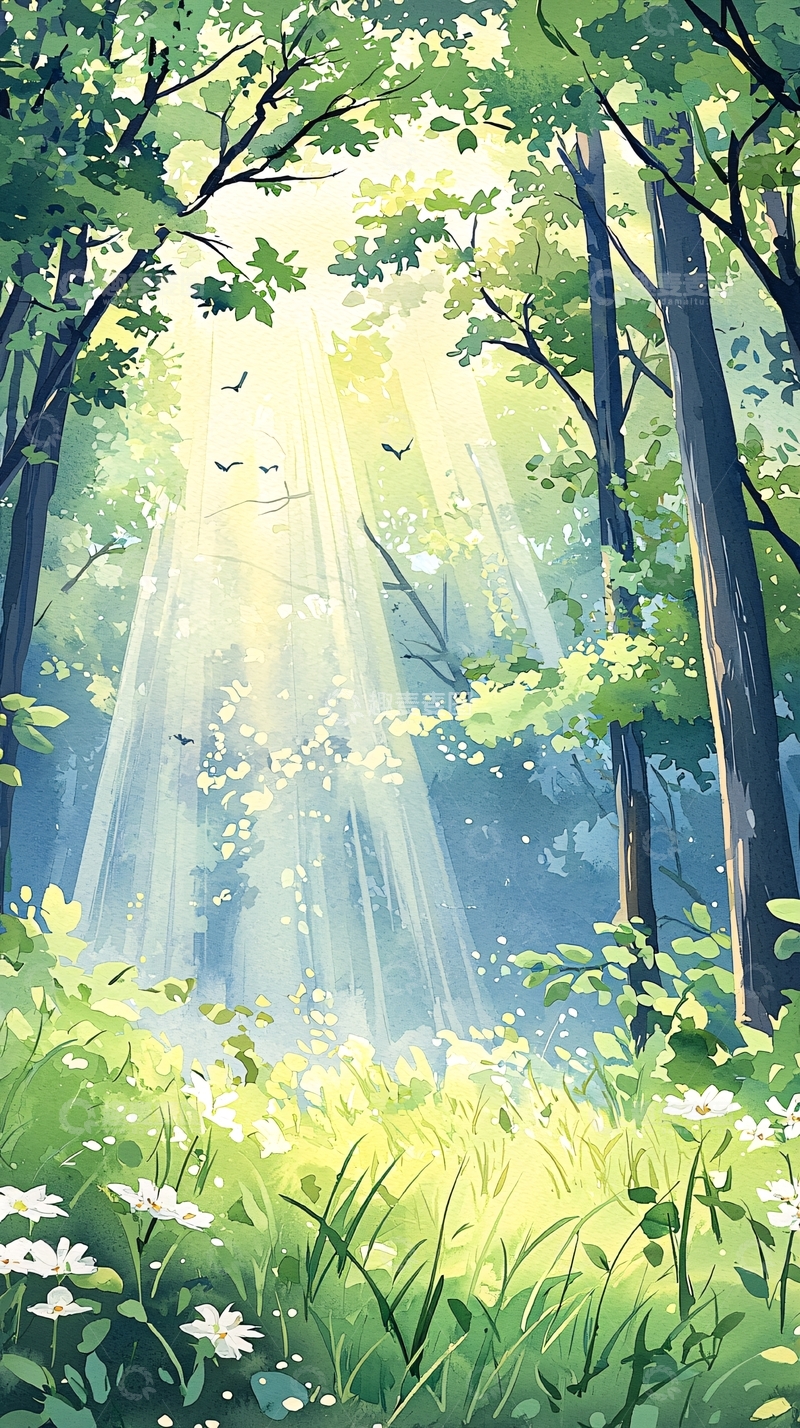 高清大图下载【趣麦麦图】森林中的阳光与鸟儿