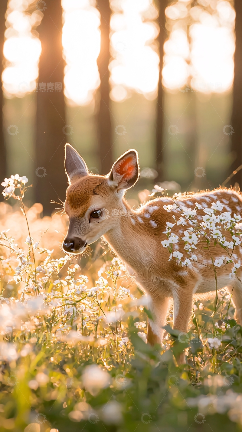 高清大图下载【趣麦麦图】晨光中的小鹿与野花