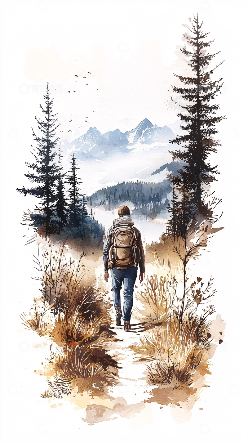 高清大图下载【趣麦麦图】徒步雪山风景插画