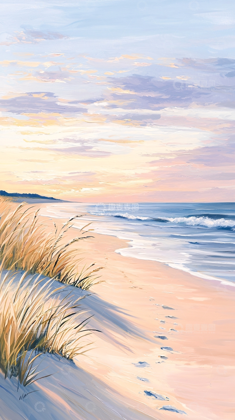 高清大图下载【趣麦麦图】夕阳海滩上的足迹