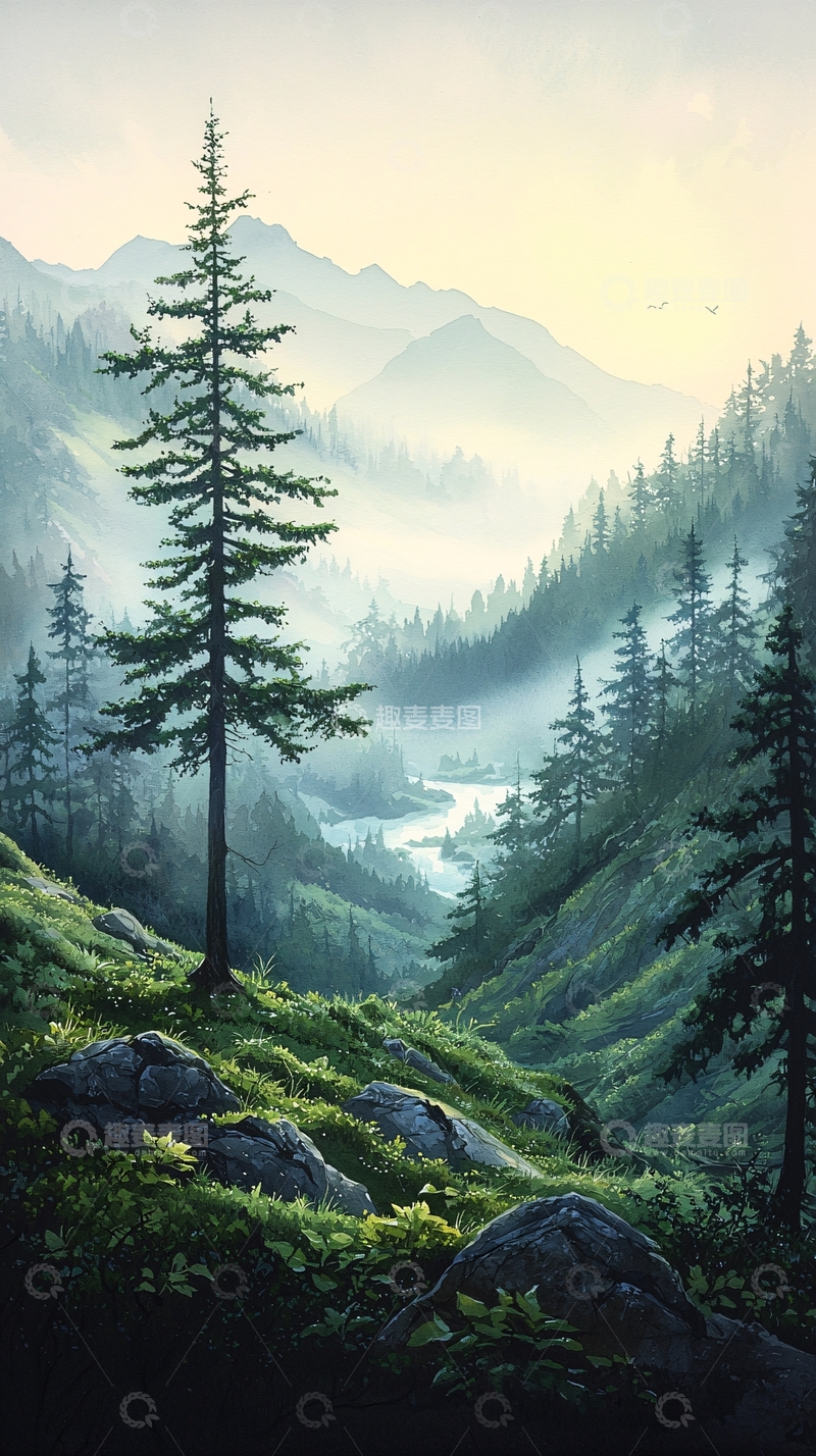 高清大图下载【趣麦麦图】晨雾山谷松林风景
