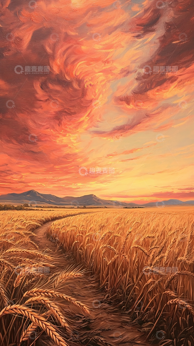 高清大图下载【趣麦麦图】夕阳下的麦田风景