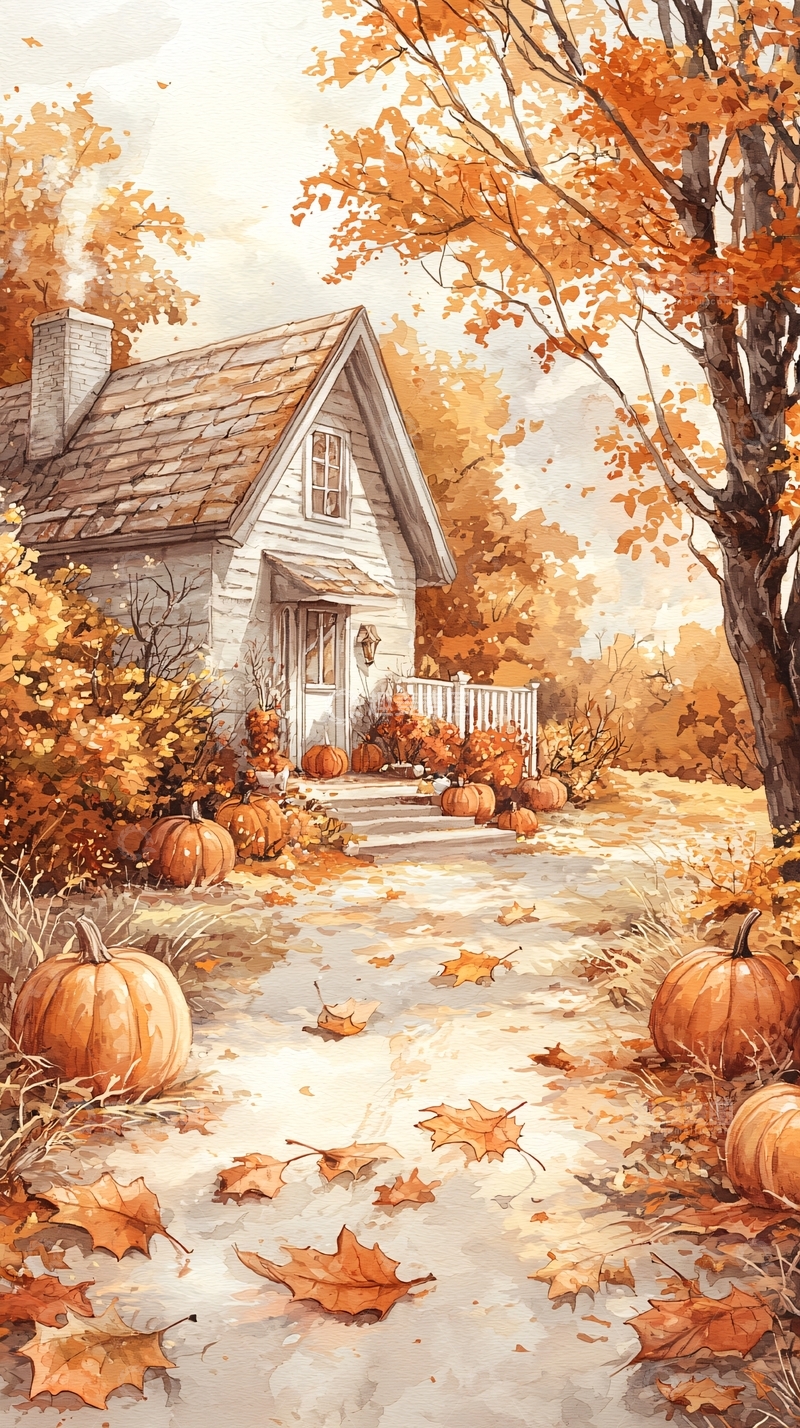 高清大图下载【趣麦麦图】秋日小屋与南瓜