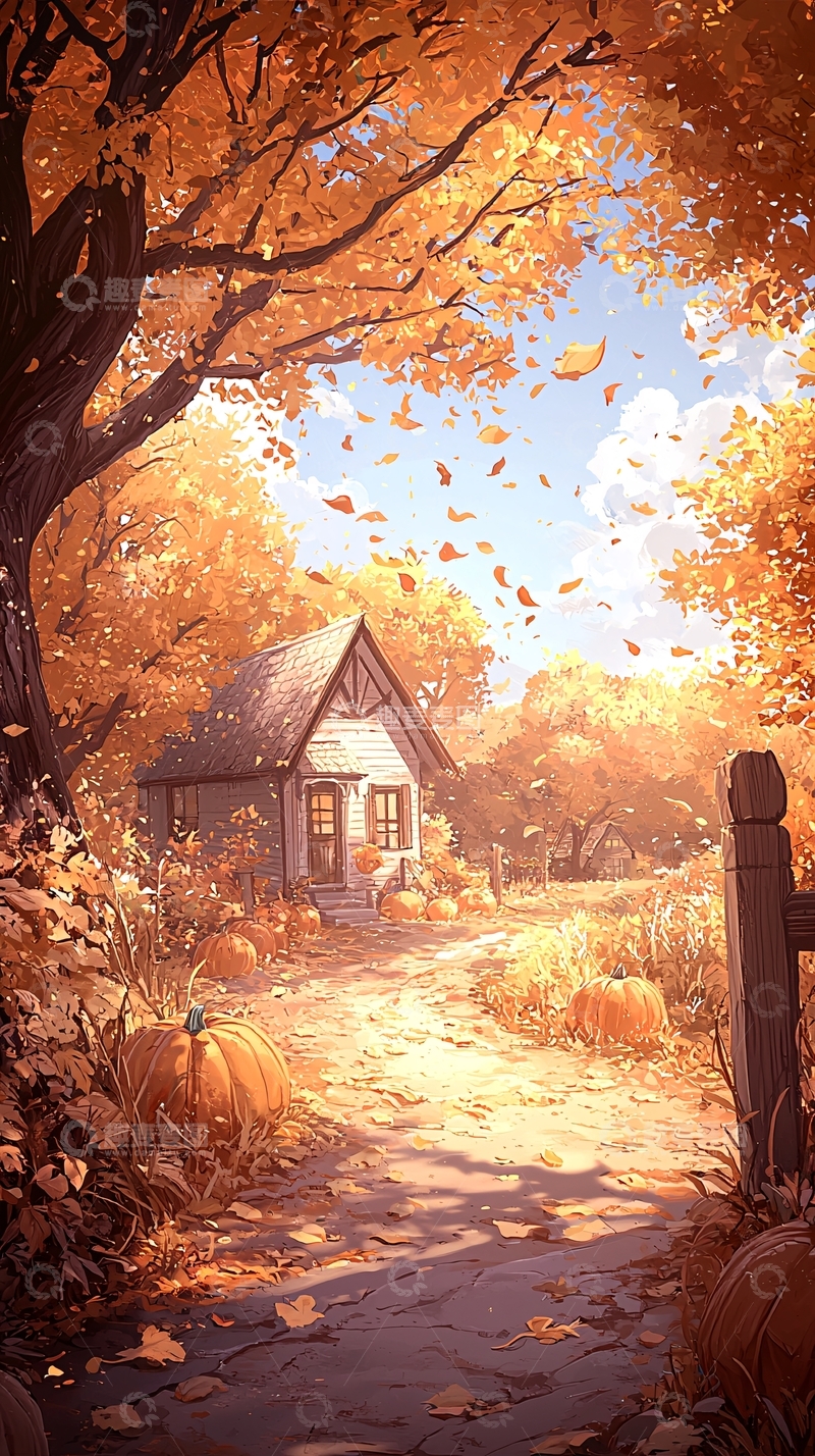 高清大图下载【趣麦麦图】秋日小屋南瓜丰收场景