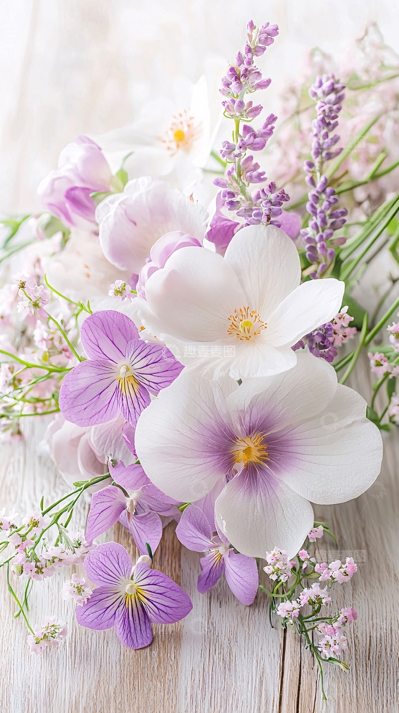 高清大图下载【趣麦麦图】紫色薰衣草与白色花朵的自然组合
