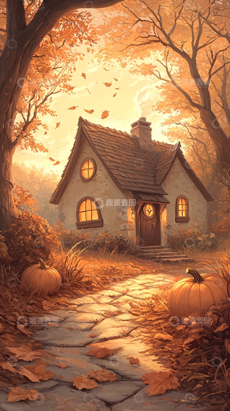 高清大图下载【趣麦麦图】秋日小屋与南瓜灯