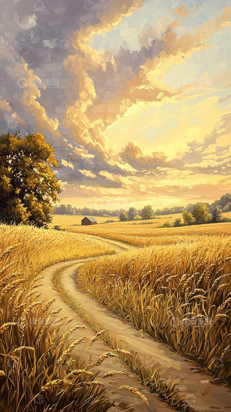 高清大图下载【趣麦麦图】金色麦田与小路的乡村风景
