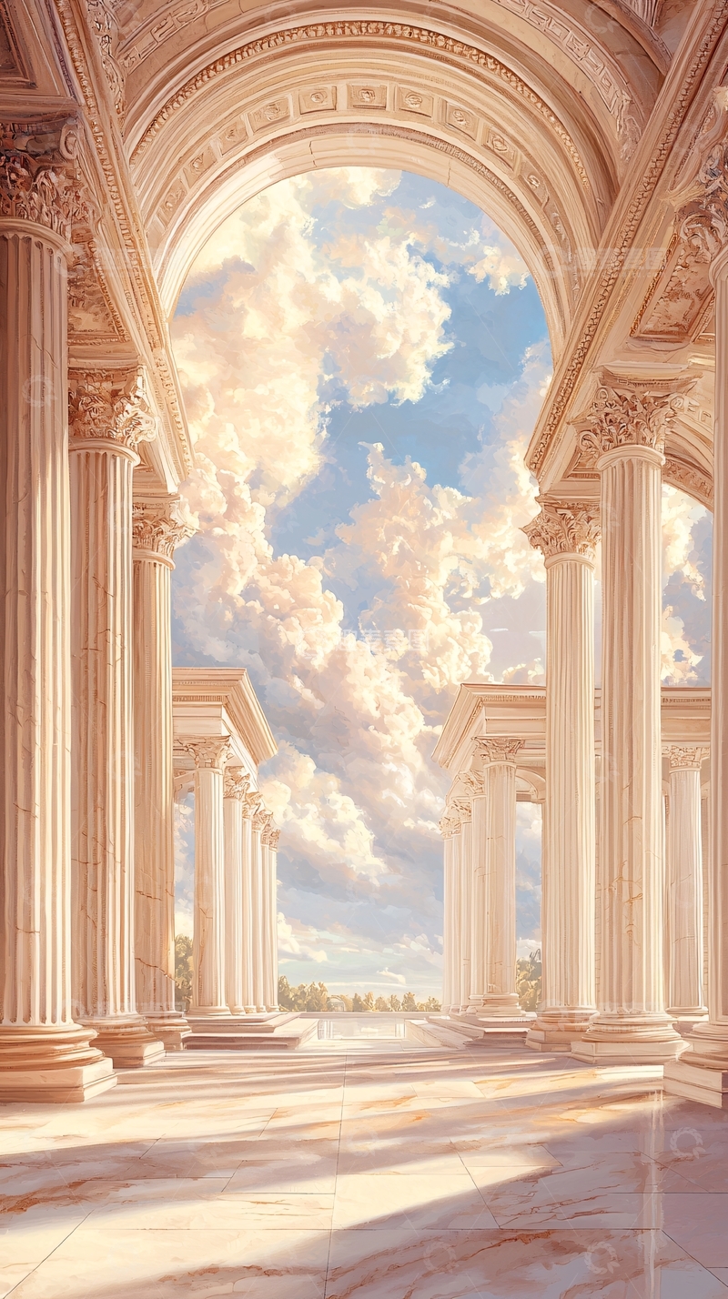 高清大图下载【趣麦麦图】古典柱廊与蓝天白云