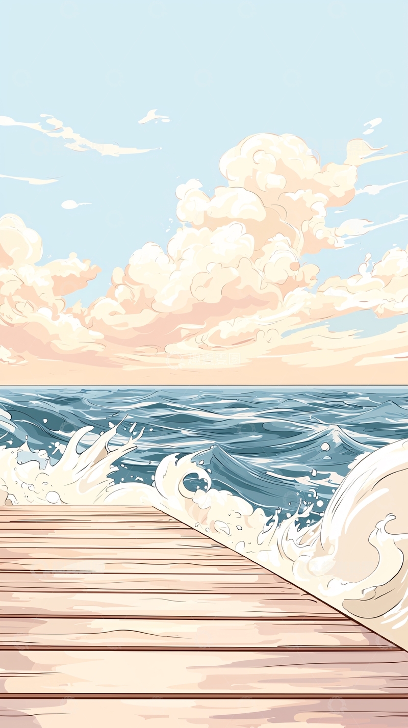 高清大图下载【趣麦麦图】海浪拍打木板桥
