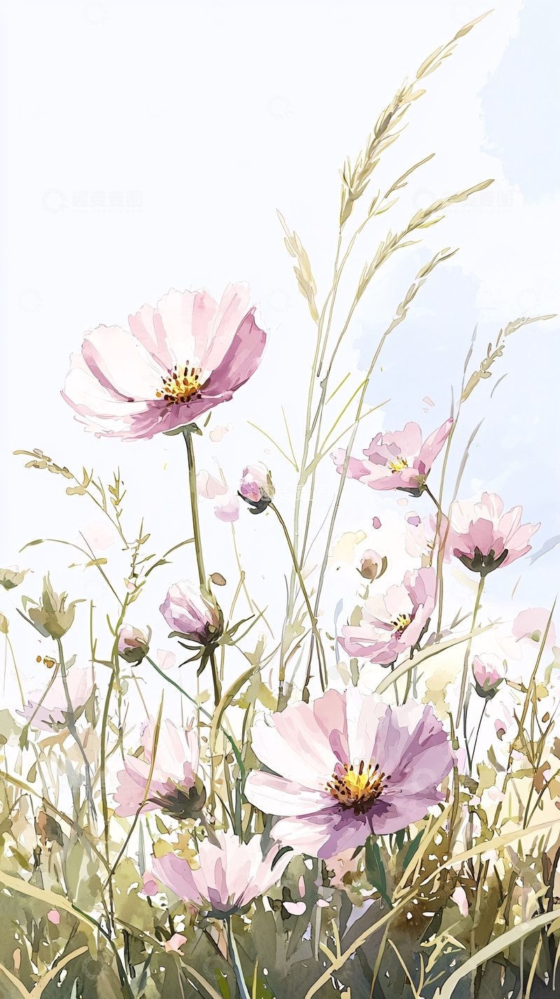 高清大图下载【趣麦麦图】粉紫色花朵与野草水彩画
