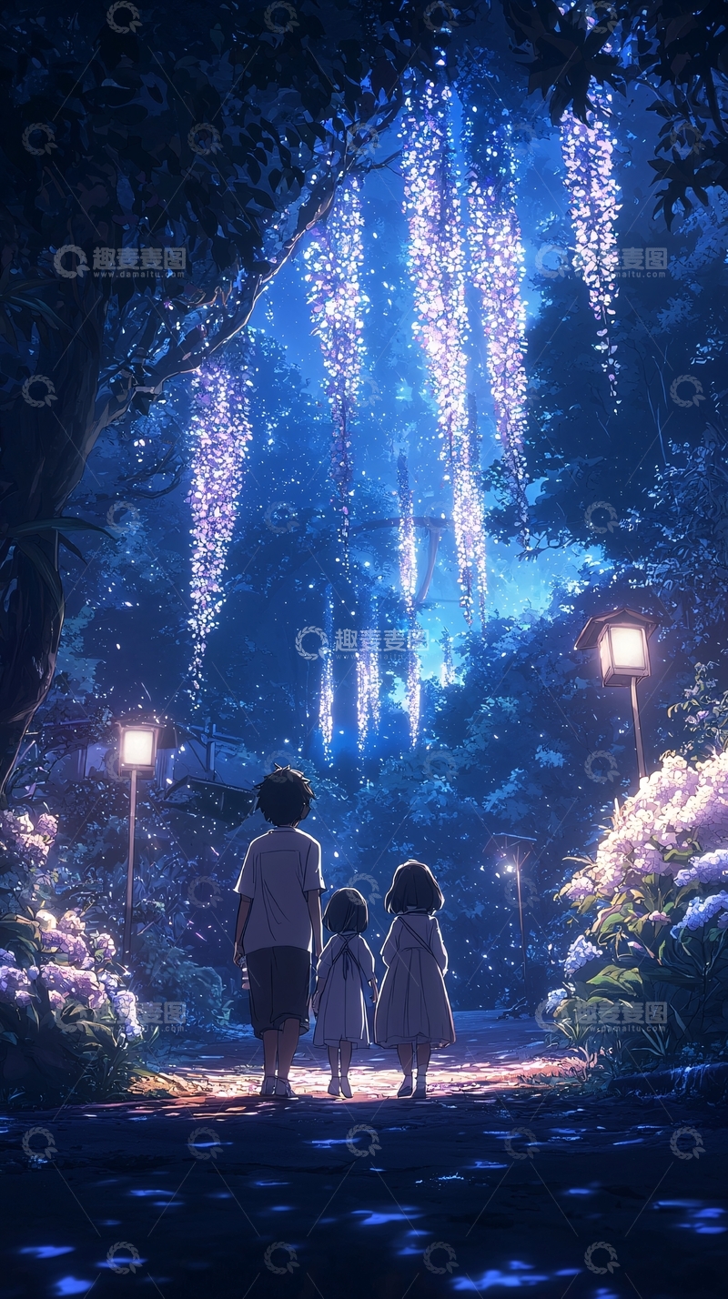 高清大图下载【趣麦麦图】夜晚森林下的温馨家庭时光