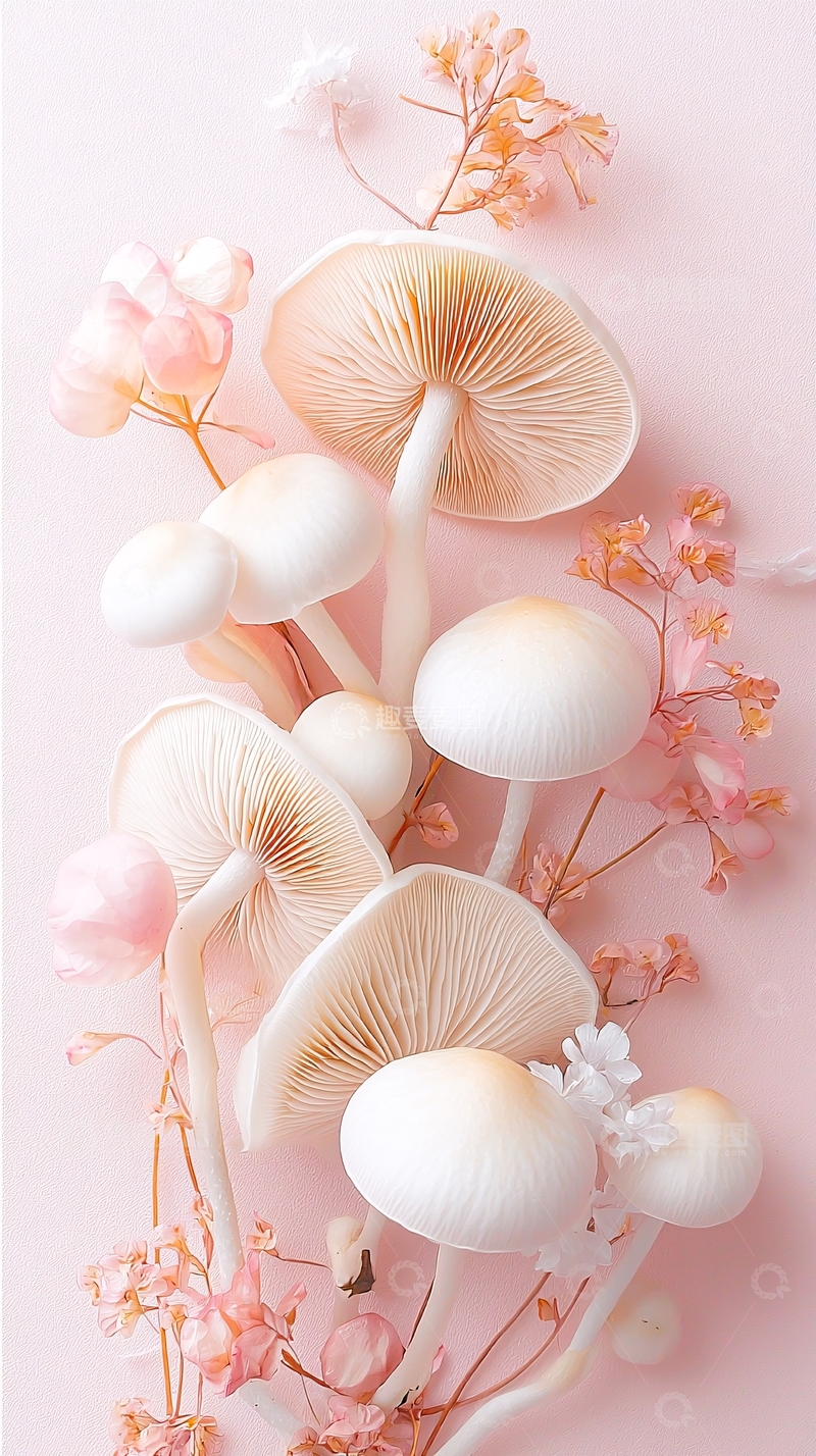 高清大图下载【趣麦麦图】粉色蘑菇与花朵艺术插画