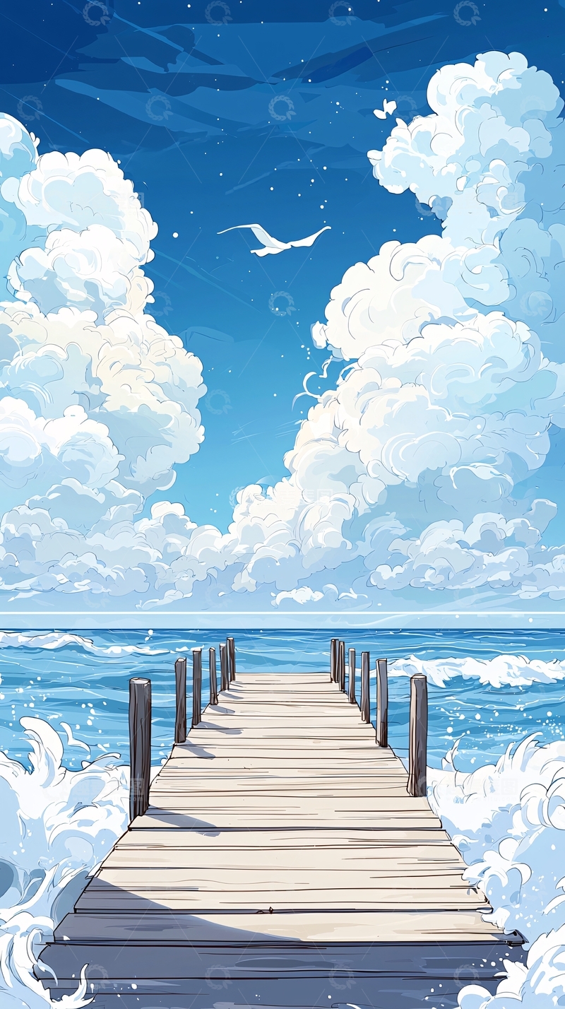 高清大图下载【趣麦麦图】梦幻码头与海浪