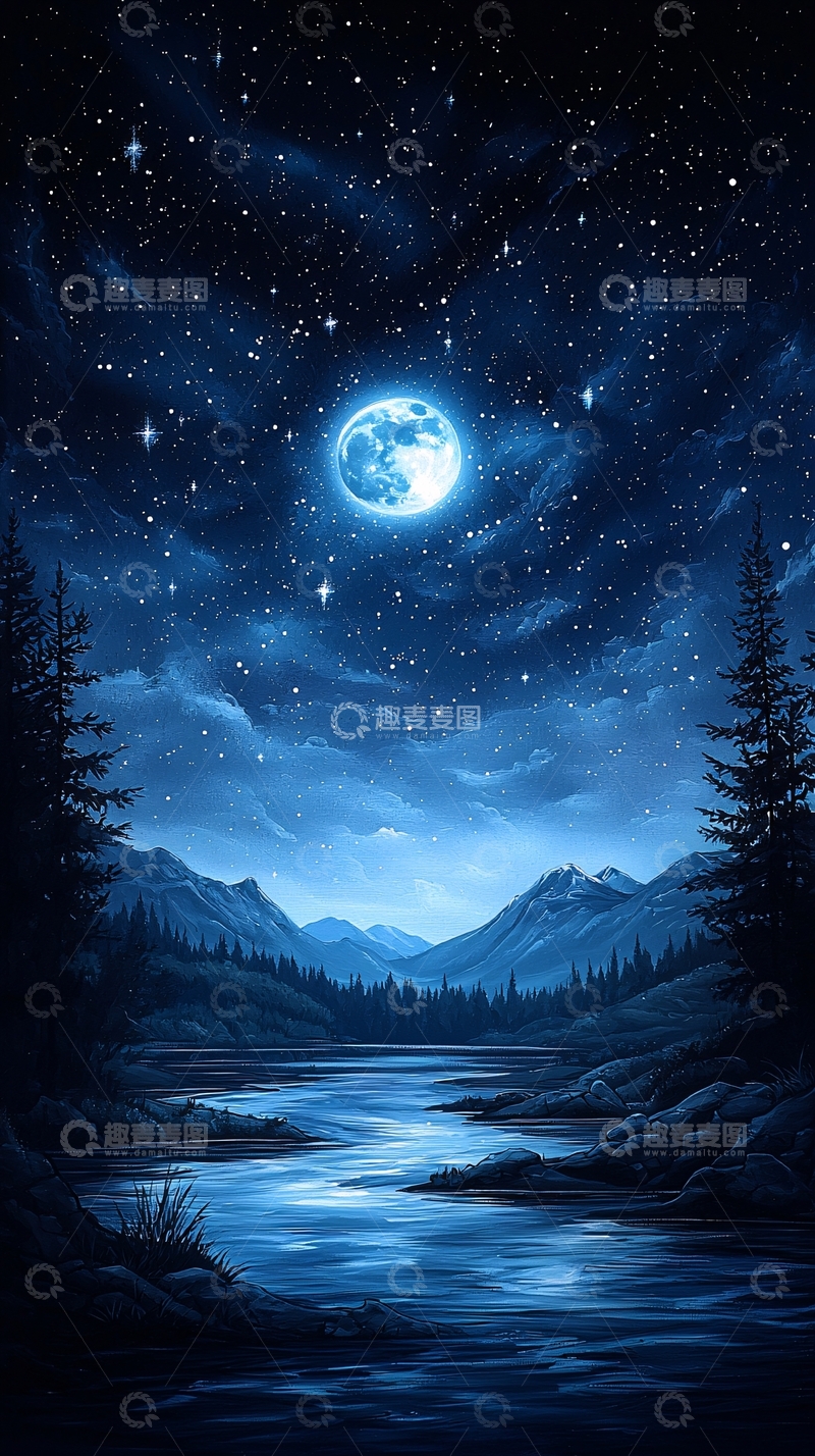 高清大图下载【趣麦麦图】月光下的山河夜景