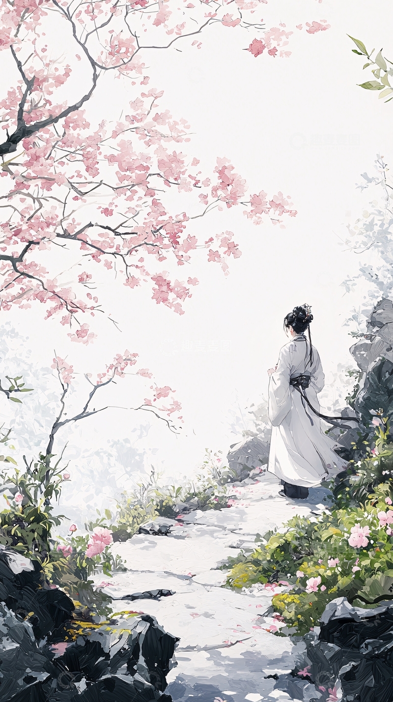 高清大图下载【趣麦麦图】樱花树下独行人