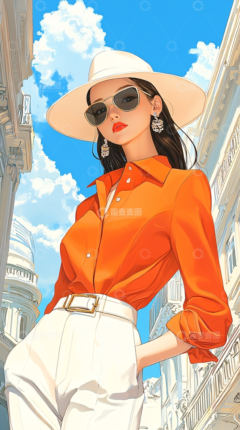 高清大图下载【趣麦麦图】时尚街拍：橙色衬衫与白色宽檐帽