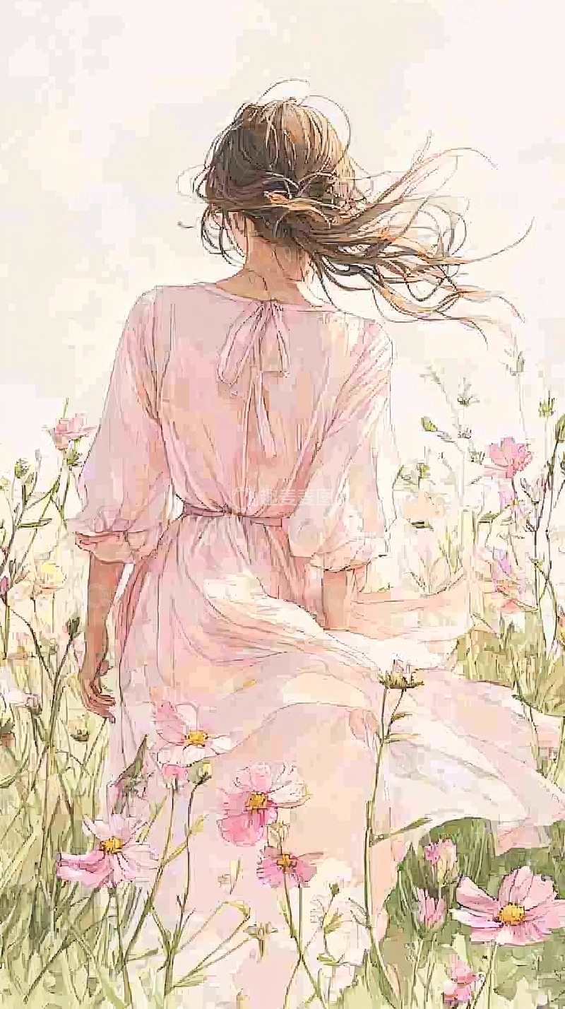 高清大图下载【趣麦麦图】粉色连衣裙的女子在花田中