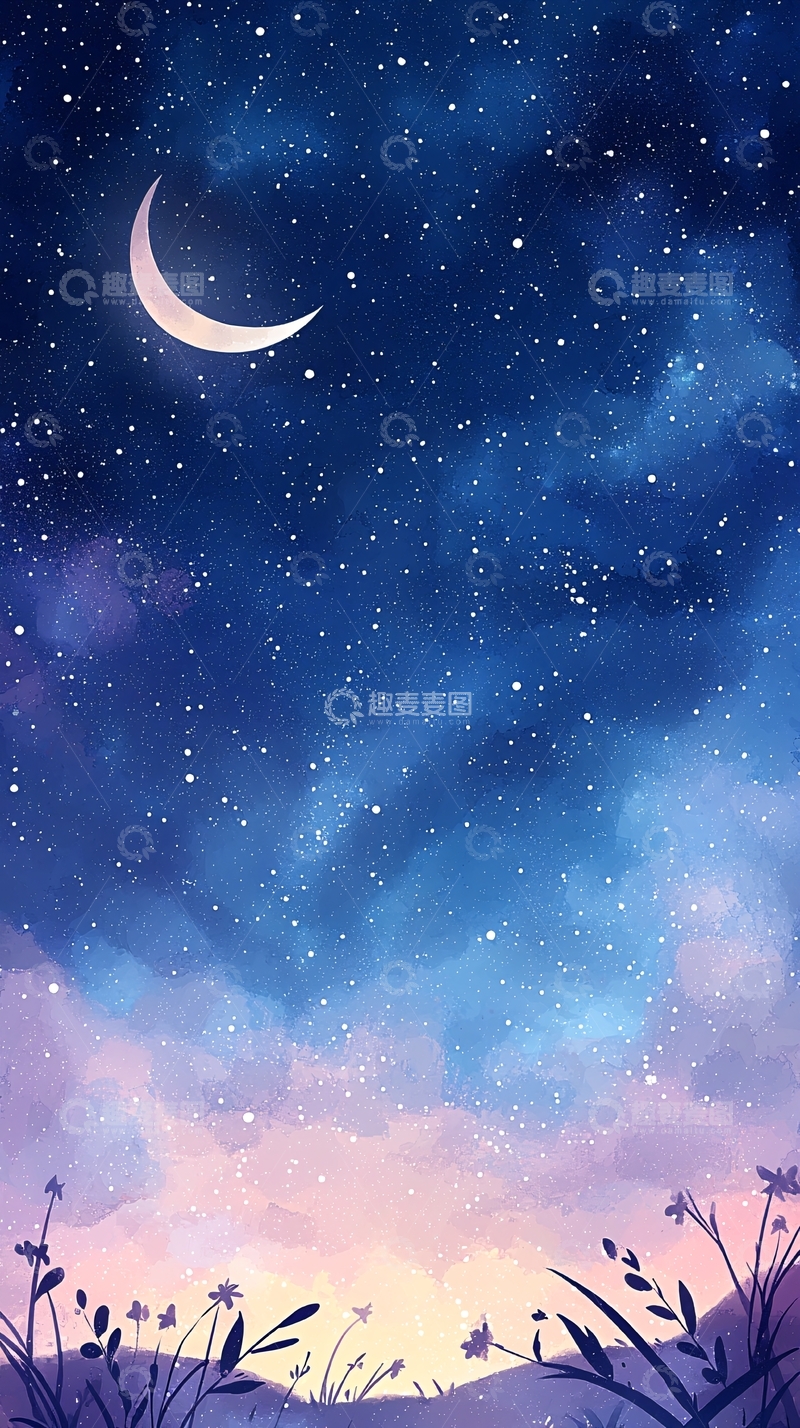 高清大图下载【趣麦麦图】夜空下的弯月与繁星