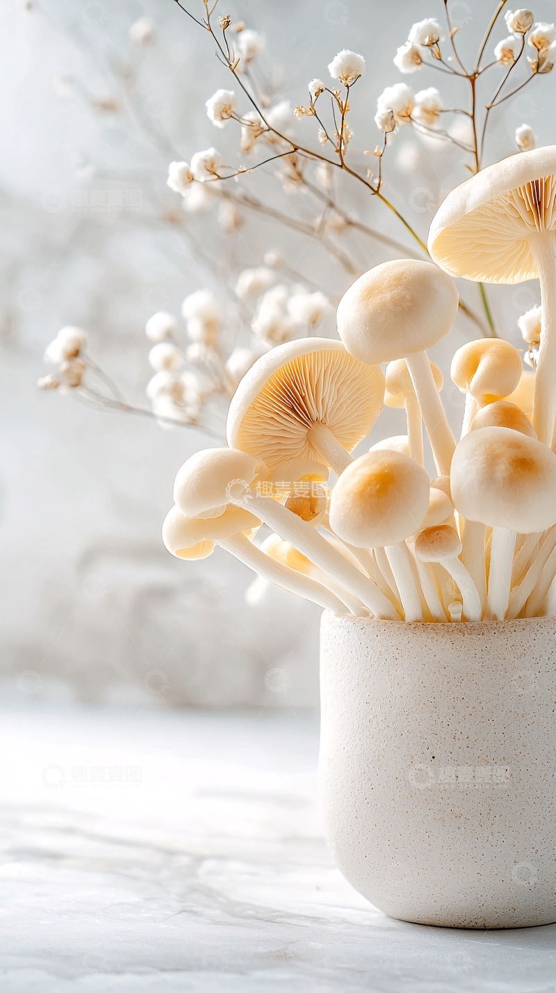 高清大图下载【趣麦麦图】白色蘑菇与干花装饰