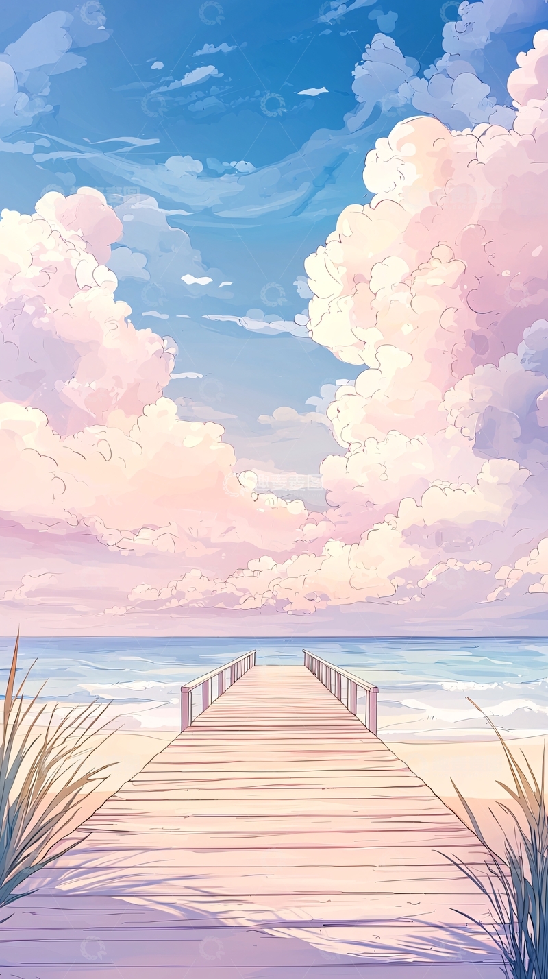 高清大图下载【趣麦麦图】梦幻海滩木桥风景