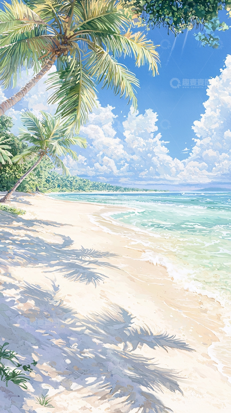 高清大图下载【趣麦麦图】热带海滩椰树风景画