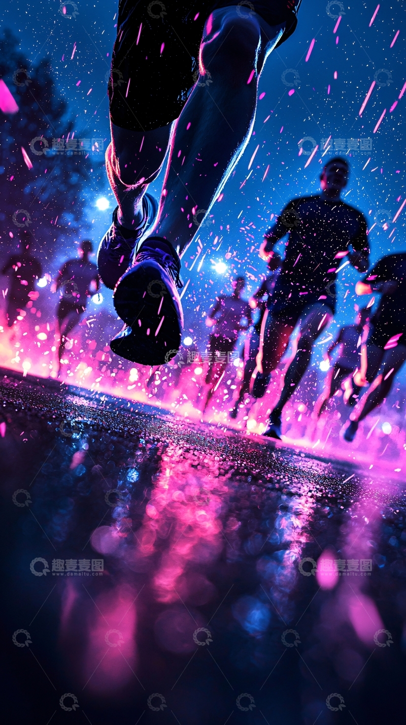 高清大图下载【趣麦麦图】夜跑霓虹光影运动场景