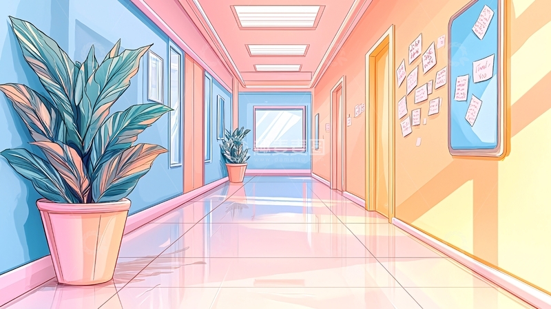 高清大图下载【趣麦麦图】粉色走廊植物装饰插画