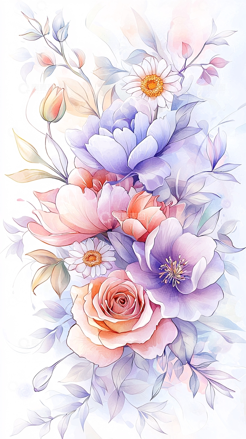 高清大图下载【趣麦麦图】梦幻花卉手绘插画素材