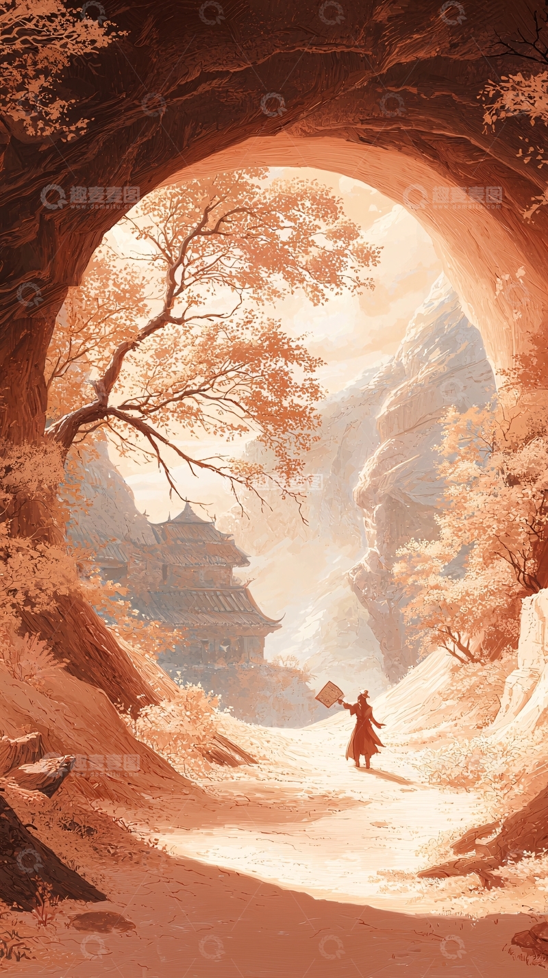 高清大图下载【趣麦麦图】秋日山间古道行者