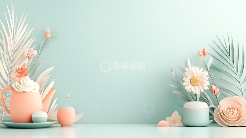 高清大图下载【趣麦麦图】清新茶具与花卉装饰背景