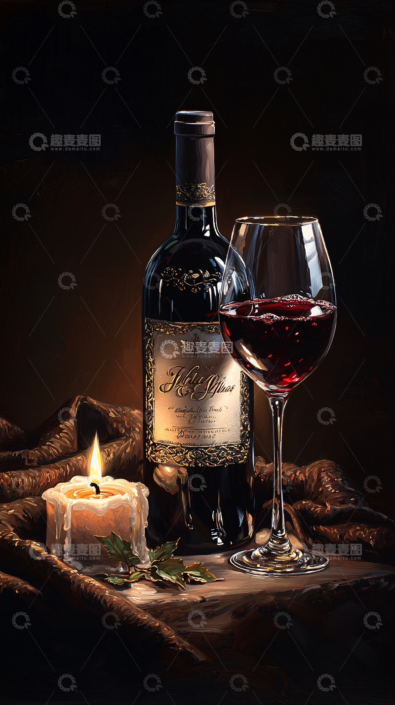高清大图下载【趣麦麦图】红酒蜡烛静物画