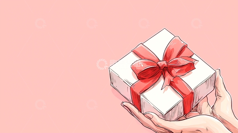 高清大图下载【趣麦麦图】粉色背景下的手捧礼物盒插画