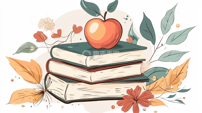 高清大图下载【趣麦麦图】秋日书本与苹果插画