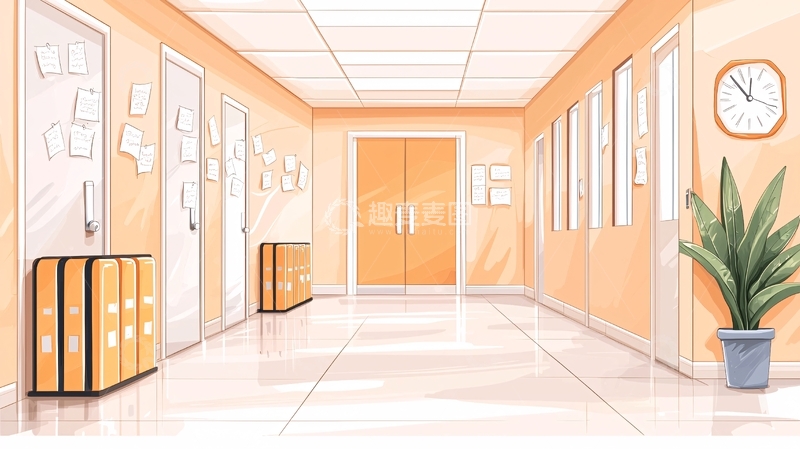 高清大图下载【趣麦麦图】学校走廊场景插画