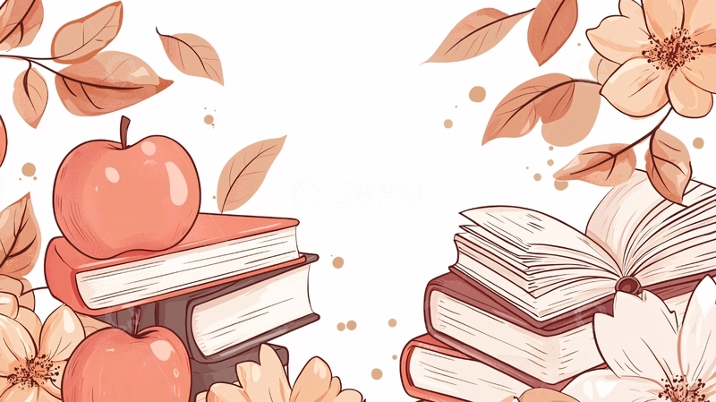 高清大图下载【趣麦麦图】秋日书本与苹果插画背景
