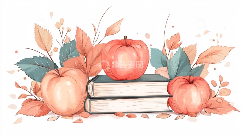 高清大图下载【趣麦麦图】秋日苹果与书本插画