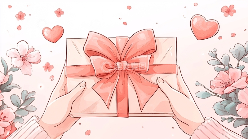 高清大图下载【趣麦麦图】粉色蝴蝶结礼物盒手绘插画