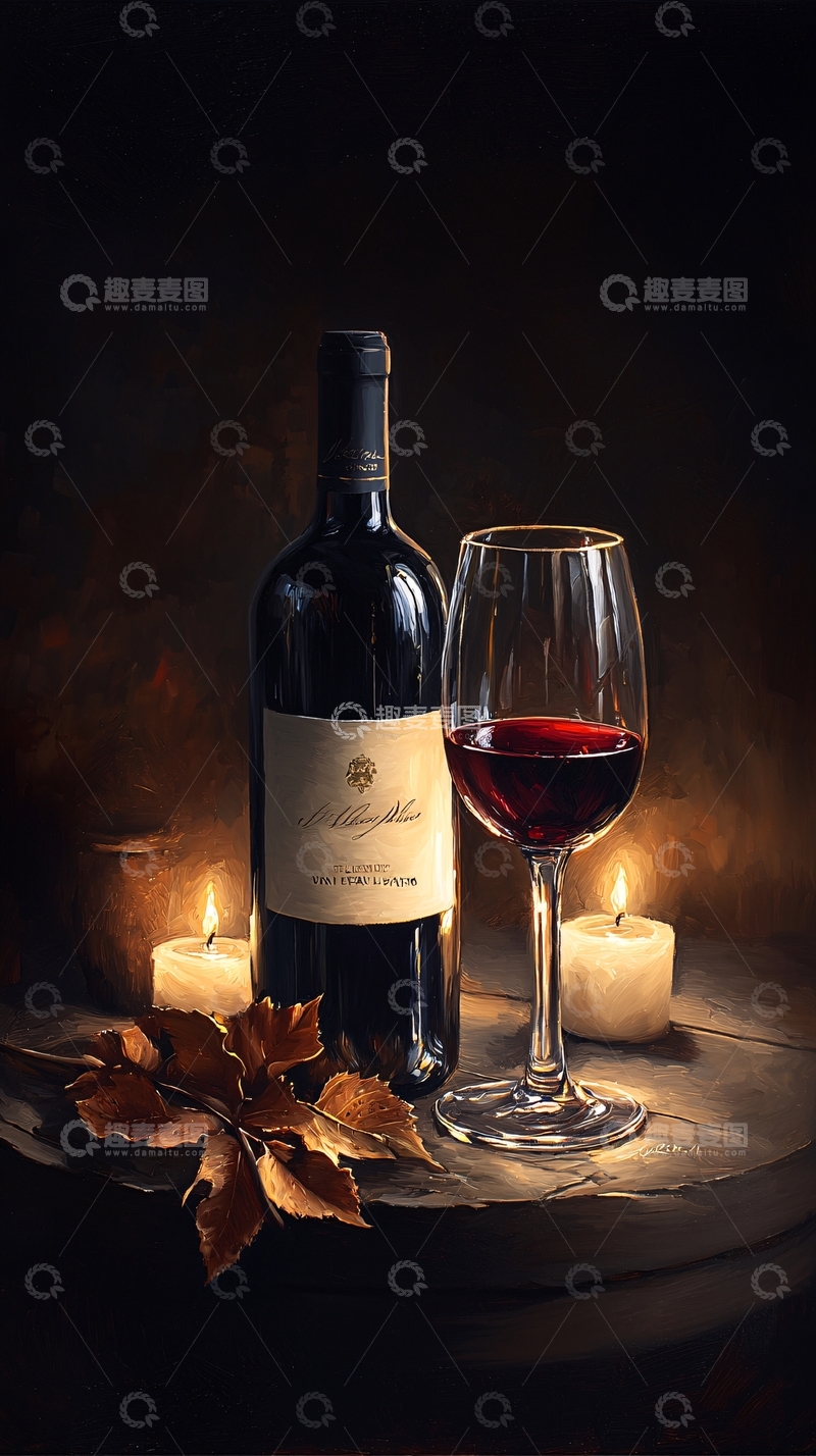 高清大图下载【趣麦麦图】红酒蜡烛静物画